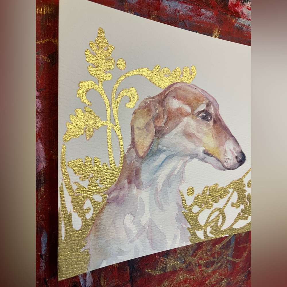 Original Painting Borzoi Dog watercolor Gold accents Floral Art Artettina - Picture 4 of 8